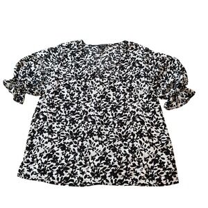 Well Worn Womens Black White Floral V-Neck Puff Sleeve Blouse Large